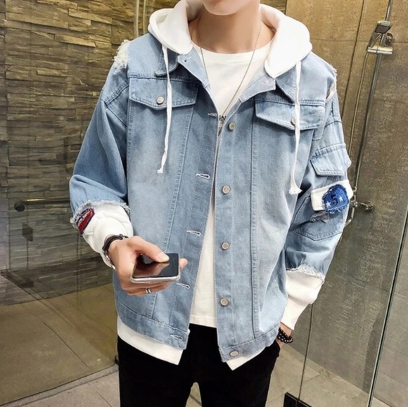 Jean Datun Other - NWT Streetwear Hooded Distressed Denim Jacket with Patches - Size XXL